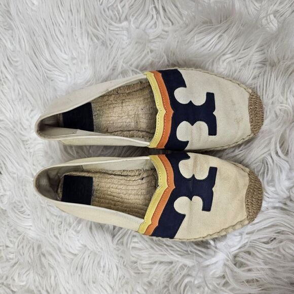 Tory Burch Laguna Palm Espadrilles Flats Shoes Women’s Cream Navy Canvas Logo 7 - Picture 1 of 6